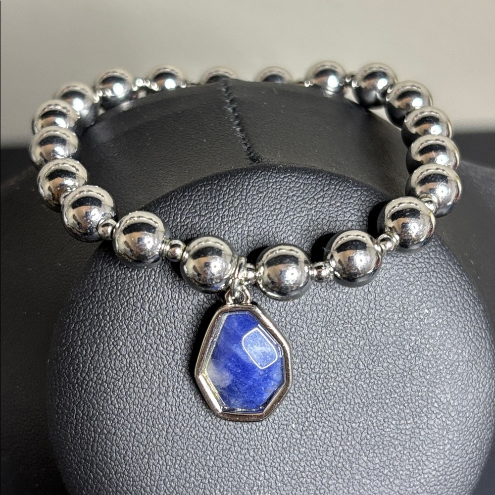 Silver Metal Beads Beaded Stretch Bracelet with Dragonfly & Blue Stone Charm